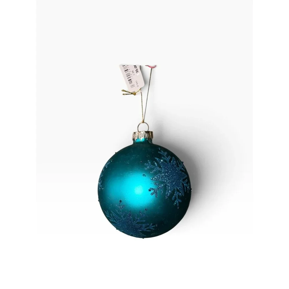 New $35 Turquoise Bauble glass Christmas ornament ball with glitter snowflake